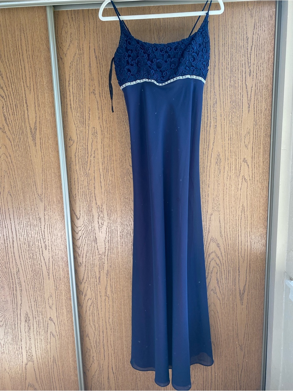 Bari Jay Navy Lace Bodice Spaghetti Strap Maxi Dress